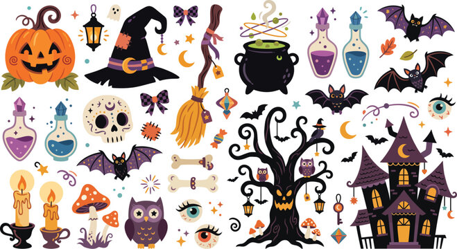A festive collection of hand drawn halloween elements including pumpkins witch hats bats potions skulls haunted house and spooky trees
