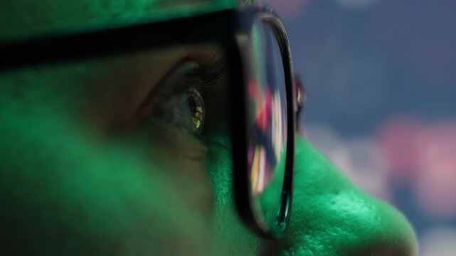 AI code on eyeglass glass, reflection on woman developer eyeglasses, working in dark office, tired busy people, depression on work, haker or it engineer with laptop, stocks markets. 