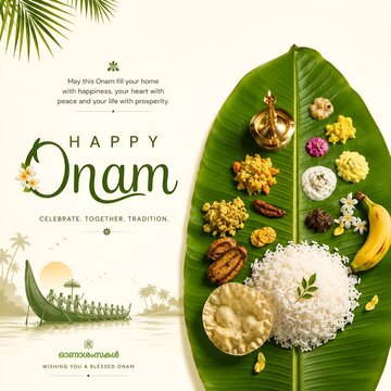 Traditional onam sadya served on banana leaf with brass diya and boat illustration