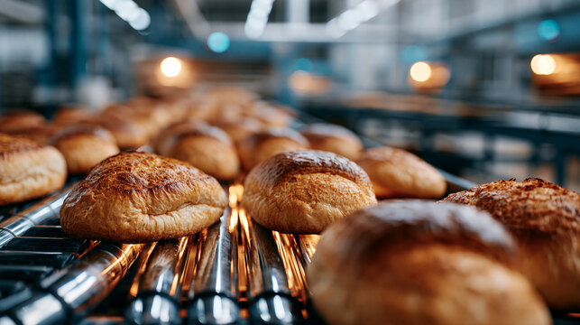 Front view of a bakery conveyor belt densely filled with baked bread loaves stretching into the depth of a bright factory hall symmetrical composition gleaming steel rails