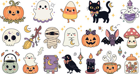 Obraz premium Set of cute kawaii halloween stickers featuring ghosts pumpkins black cat mummy bat skull and magical items on white background