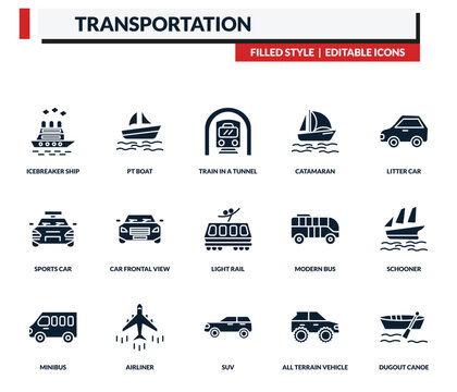 filled transportation icons set - pt boat, train in a tunnel, catamaran, litter car. editable vector for web and mobile ui