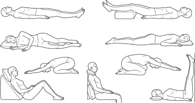 Healthy Resting Positions and Therapeutic Recovery Exercises Line Art Vector Set for Sleep and Physical Rehabilitation
