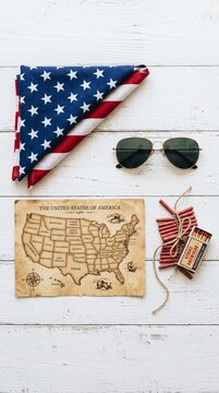 American flag sunglasses vintage usa map firecrackers matches independence day patriotic flat lay scene