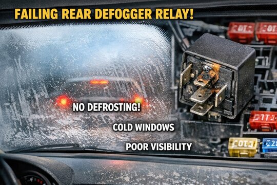 A car's rear view mirror with the words 'failing rear defogger relay'