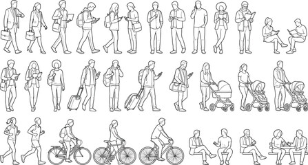 Fototapeta premium Modern People Lifestyle Line Art Collection with Commuting Business Activities Parenting Fitness and Urban Daily Scenes