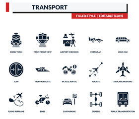 Obraz premium filled transport icons set - train front view, airport checking, formula 1, long car. editable vector for web and mobile ui