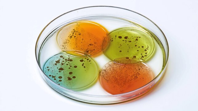 A petri dish containing four colorful agar plates with various colonies growing on them