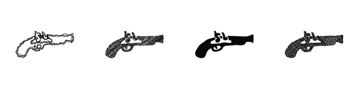 A set of four distinct artistic interpretations of a historical flintlock pistol, showcasing different rendering techniques from outline to solid silhouette