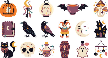 Obraz premium Set of cute halloween stickers featuring pumpkins ghosts black cats ravens skulls mushrooms bats and magical items on white background