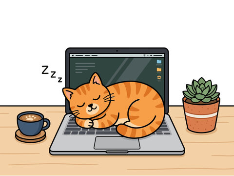 An adorable orange tabby cat is sleeping peacefully on a laptop keyboard, with a cup of coffee and a potted succulent nearby.
