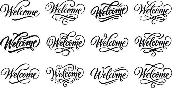 Set of elegant hand drawn welcome calligraphy lettering words
