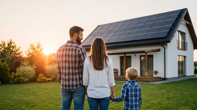 Happy family with child standing on green lawn in front of house with solar panels on roof at sunset sun flares.