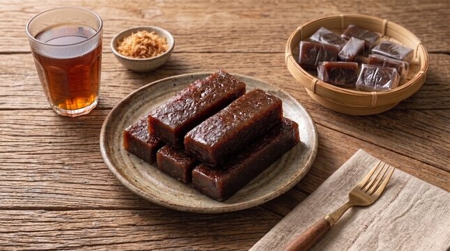 Traditional Indonesian sweet sticky rice cake, dodol betawi, sliced on a ceramic plate, served with hot tea and wrapped treats in a bamboo basket on a wooden table.