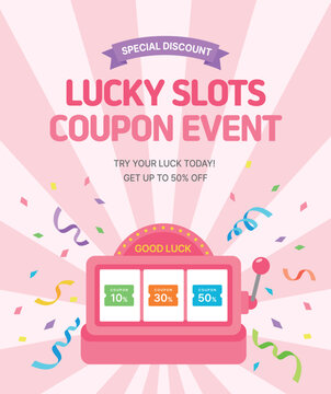 Lucky slots coupon event promotion banner template with pink slot machine and colorful confetti. Flat vector illustration of shopping discount voucher for online store marketing design.