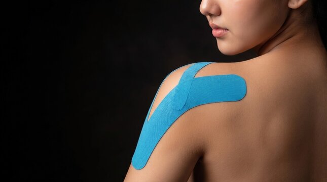 Close-up of Blue Kinesiology Tape Applied to a Woman's Shoulder for Physical Therapy