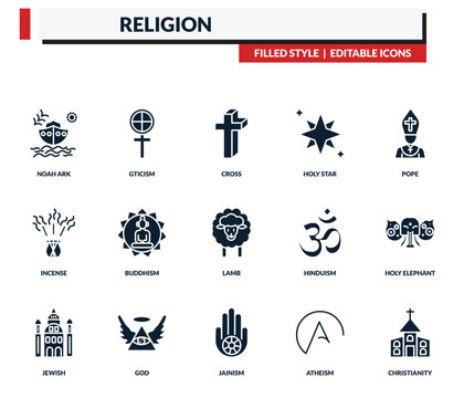 filled religion icons set - gticism, cross, holy star, pope. editable vector for web and mobile ui