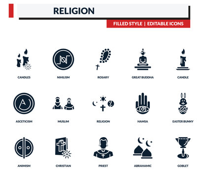 filled religion icons set - nihilism, rosary, great buddha, candle. editable vector for web and mobile ui