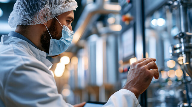 Technologist expert in white protective uniform with hairnet and mask seen from behind taking parameters from an industrial machine in a bright milk factory stainless steel tanks