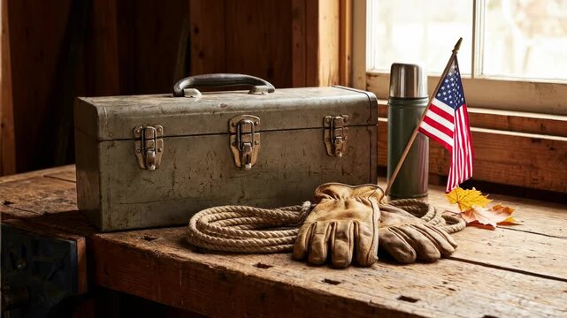 Patriotic artisan workbench: Labor tribute, USA flag, September Day, 7 number, vintage toolbox, leather glove, coiled rope, autumn leaf, steel flask, rustic table.