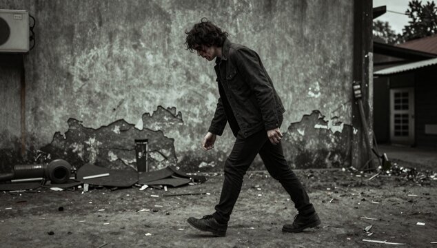 Brooding man in black walks through an urban wasteland, consumed by thought