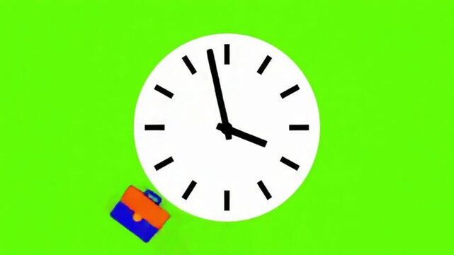 Vector Time Management Concept Animation of Clock Hands Spinning Fast with Orbiting Briefcase on Green Screen

