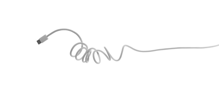 USB C Cable twisted flying, isolated on white background, clipping path