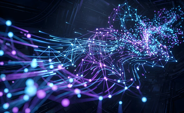 Abstract connected dots and lines. Concept of AI technology, Motion of digital data flow. Communication and technology network concept with moving lines and dots. 3D renderin