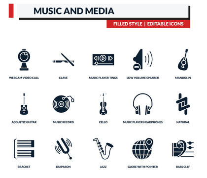 filled music and media icons set - clave, music player tings, low volume speaker, mandolin. editable vector for web and mobile ui