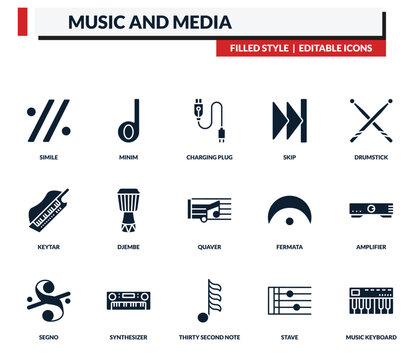 filled music and media icons set - minim, charging plug, skip, drumstick. editable vector for web and mobile ui