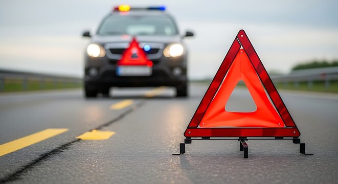 Red Emergency Warning Triangle Standing on Wet Road with Blurred Patrol Car Behind