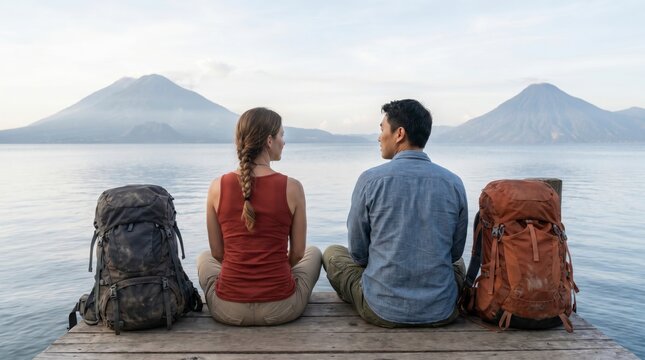 Multiracial backpacker couple resting on a wooden dock before volcanoes on a highland lake