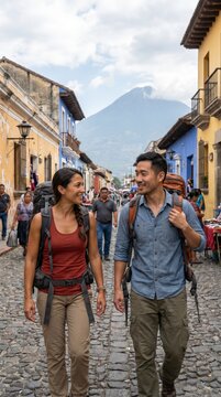 Backpacker couple walking a colonial cobblestone street below a towering volcano at midday