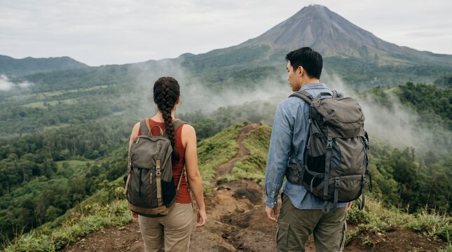 Backpacker couple gazing at a rainforest valley and volcano from a misty mountain trail