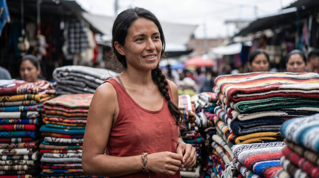 Smiling woman browsing colorful woven blankets at a bustling highland artisan market