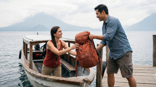 Couple loading a backpack onto a wooden boat at a misty volcanic highland lake