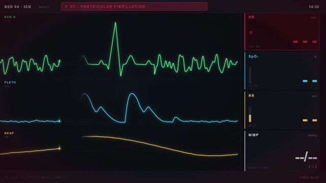 Intensive care patient monitor showing cardiac arrest and defibrillation shock restoring sinus rhythm