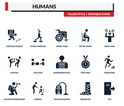 filled humans icons set - fitness exercises, wheel chair, sitting down, angry man. editable vector for web and mobile ui
