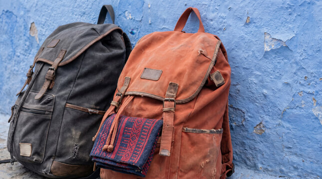 Two rugged vintage backpacks with a woven blanket leaning on a peeling blue plaster wall