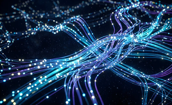 Abstract connected dots and lines. Concept of AI technology, Motion of digital data flow. Communication and technology network concept with moving lines and dots. 3D renderin