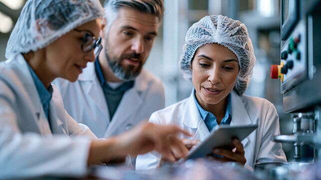 Engineers in white coats and hairnets seen over the shoulder checking the machinery system of a ready to eat food packaging machine in a bright food processing plant tablet and