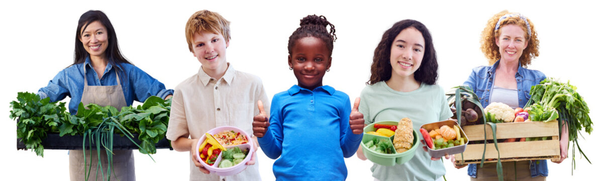 Panorama aus Kindern mit gesundem Essen in der Schule und den Produzenten dieses Lebensmittel