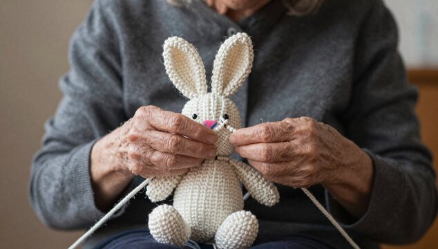 Senior woman sews a knitted bunny toy with pink nose and black eyes at home