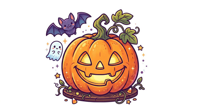 Cartoon jack-o'-lantern with small bat, ghost, and spider decorations on a floating platform for Halloween celebration.
