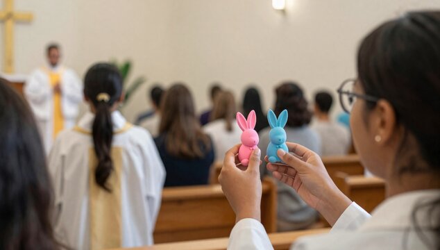 Person holds two easter bunny erasers in church during service with priest and congregation