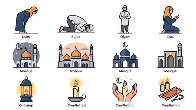 Islamic Prayer Icons: Ruku, Sujud, Qiyam, Dua, Mosque, Candlelight, Oil Lamp