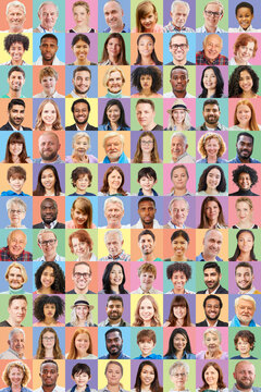 Vertikale Collage von Portraits vieler Menschen verschiedener Generationen vor pastellfarbenen Hintergr&uuml;nden