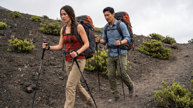 Determined couple trekking with poles and backpacks across a barren volcanic mountain slope