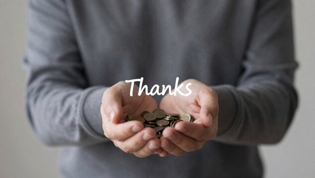 Person holds a pile of coins with thanks written over the top of their hands