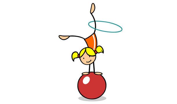 M&auml;dchen macht Handstand mit Reifen auf Gymnastikball im Turnverein